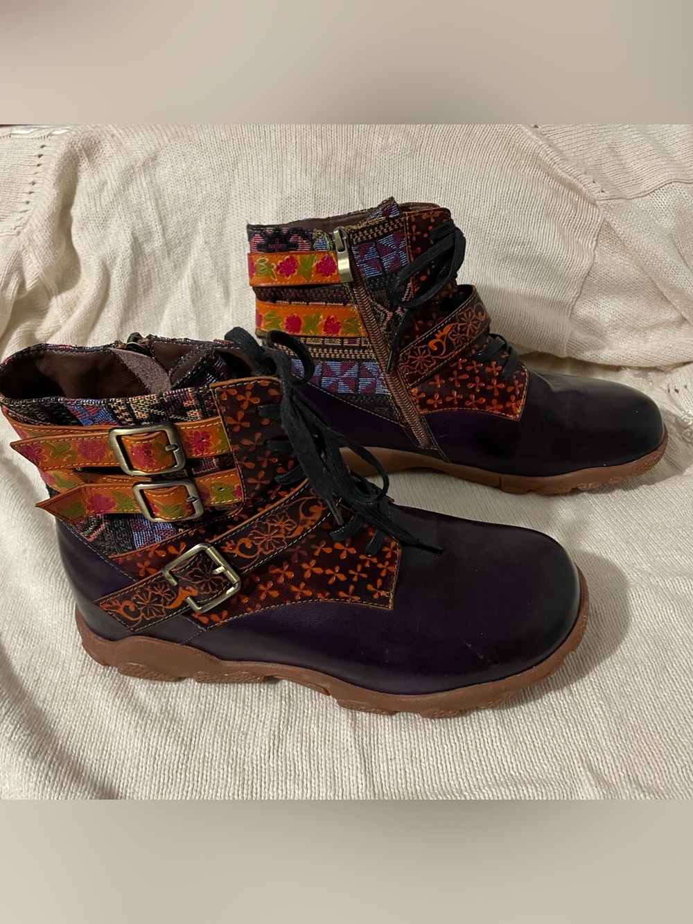 Leather Embroidered Purple Ankle Boots with Decorative Buckles